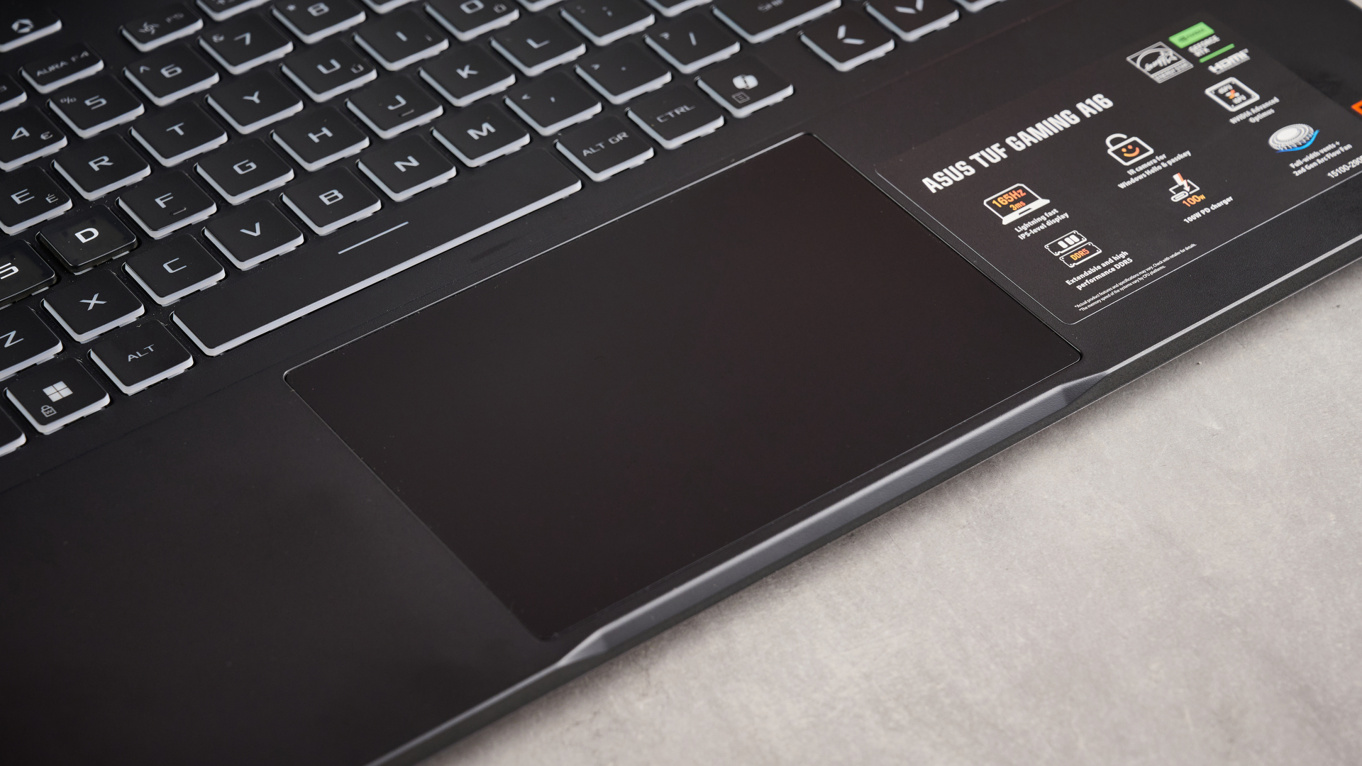 Close-up of trackpad on ASUS TUF Gaming A16 (2025) on desk