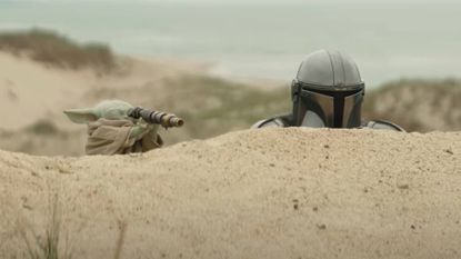 Mando and Baby Yoda in The Mandalorian and Grogu trailer