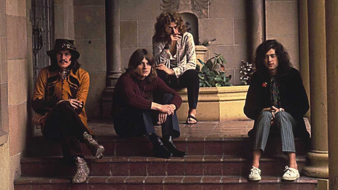 Led Zeppelin on the steps of Chateau Marmont in Los Angeles, 1969