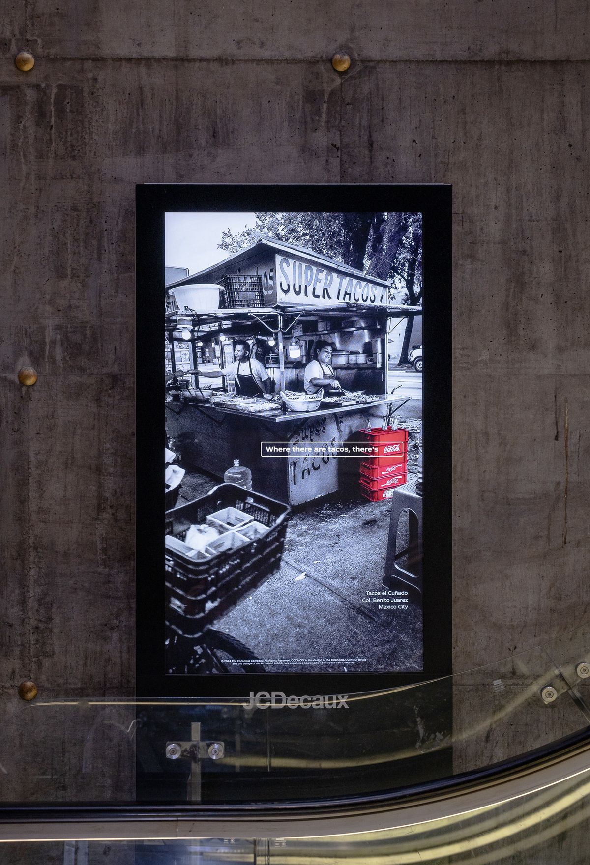 images of a street photography campaign of Mexican taco bars where it says, "where there's tacos, there's Coca-Cola" with Coca-Cola's branding subtly highlighted