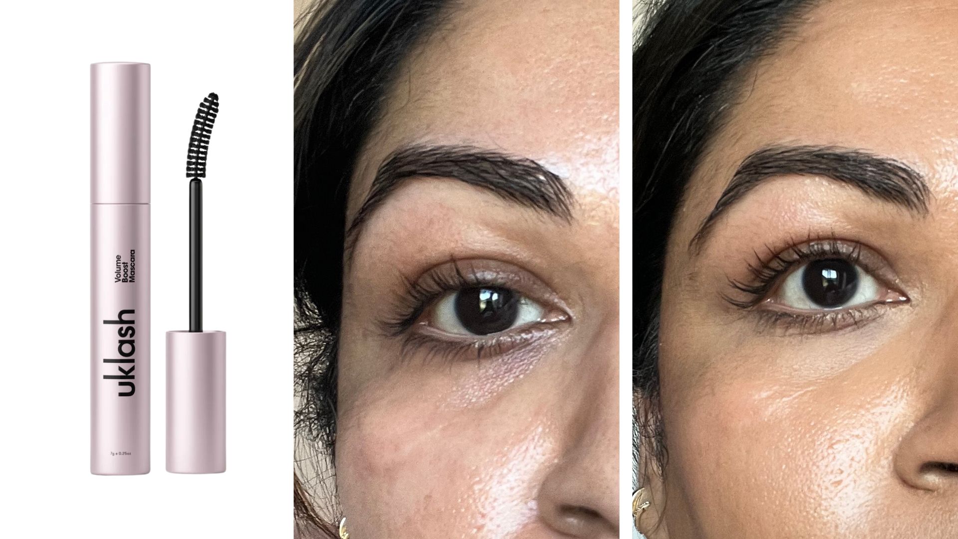 Aleesha Badkar&#039;s lashes before and after wearing UKLash Volume Boost Mascara, next to a product shot