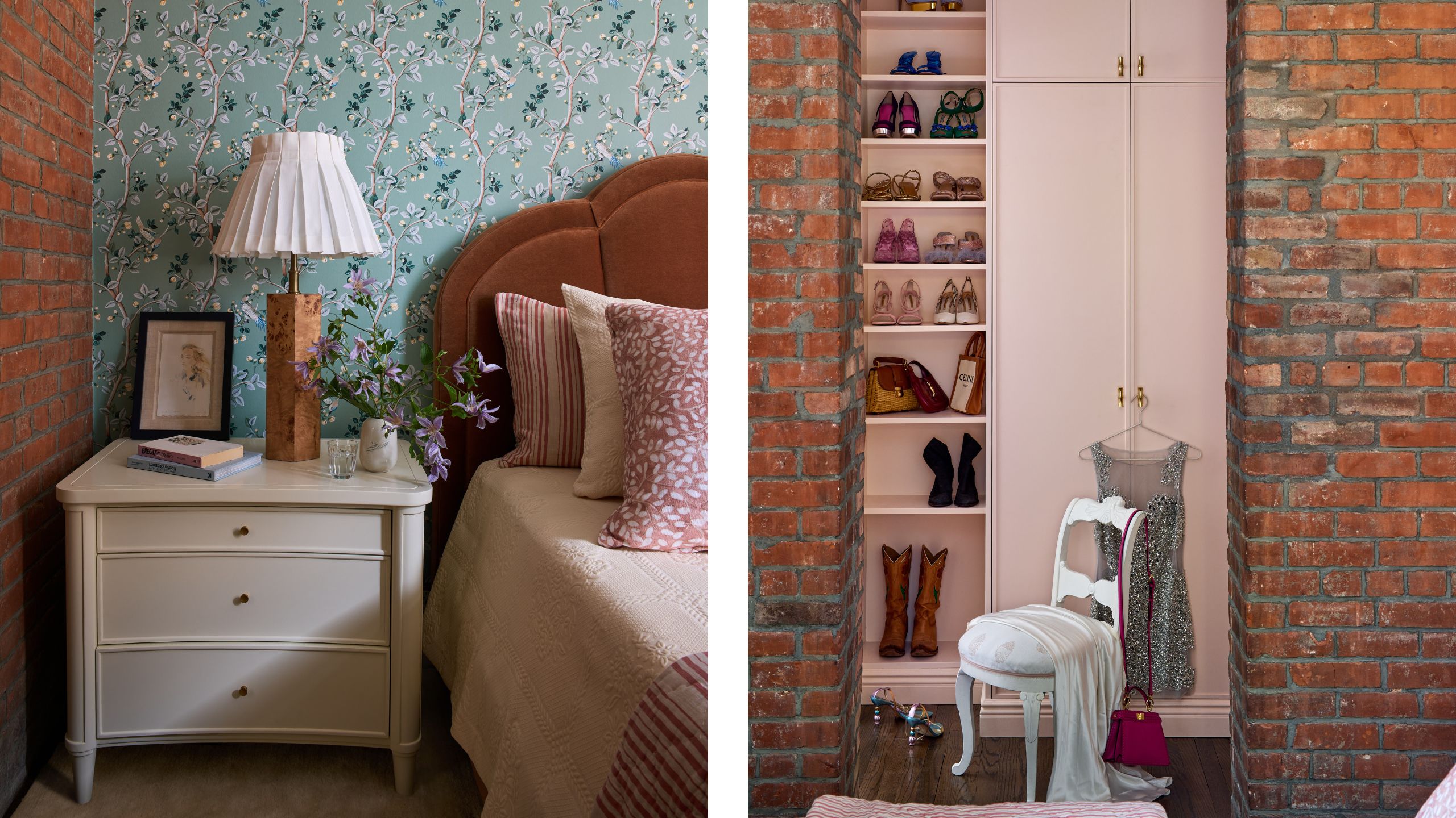 two side by side images of a bedroom with exposed brick walls, blue floral wallpaper and a pink walk-in closet