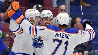  Cody Ceci #5 of the Edmonton Oilers (C) celebrates with teammates after his goal during the second period in Game Seven of the Second Round of the 2024 Stanley Cup Playoffs at Rogers Arena on May 20, 2024