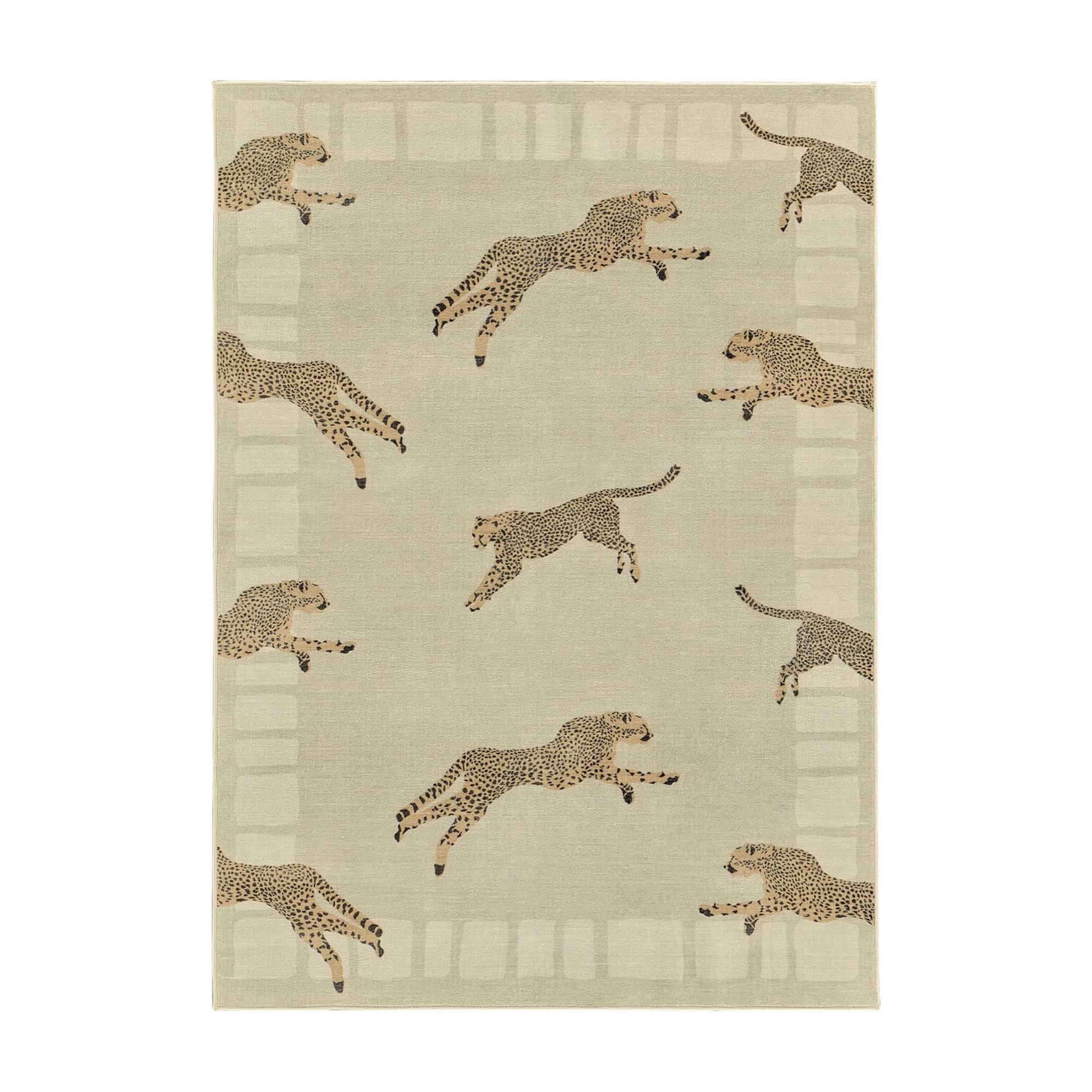 a light beige rug with leaping cheetahs