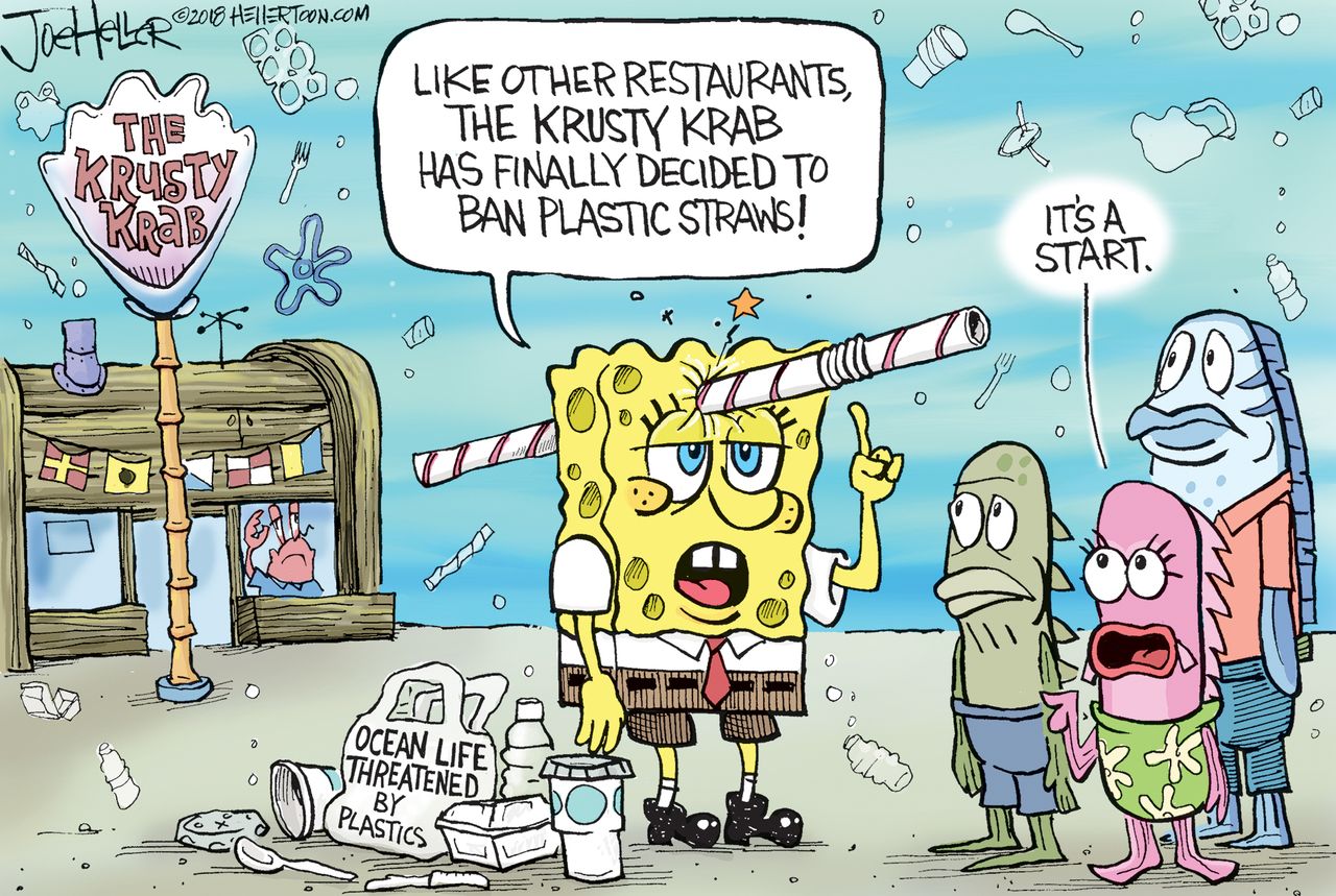 Editorial Cartoon U.S. SpongeBob Krusty Krab plastic straw ban