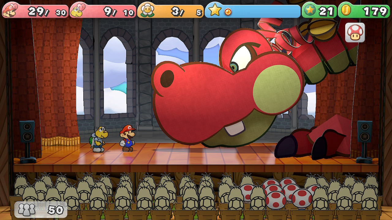 A screenshot from Paper Mario: The Thousand-Year Door showing Mario and Koops taking on the dragon Hooktail in battle