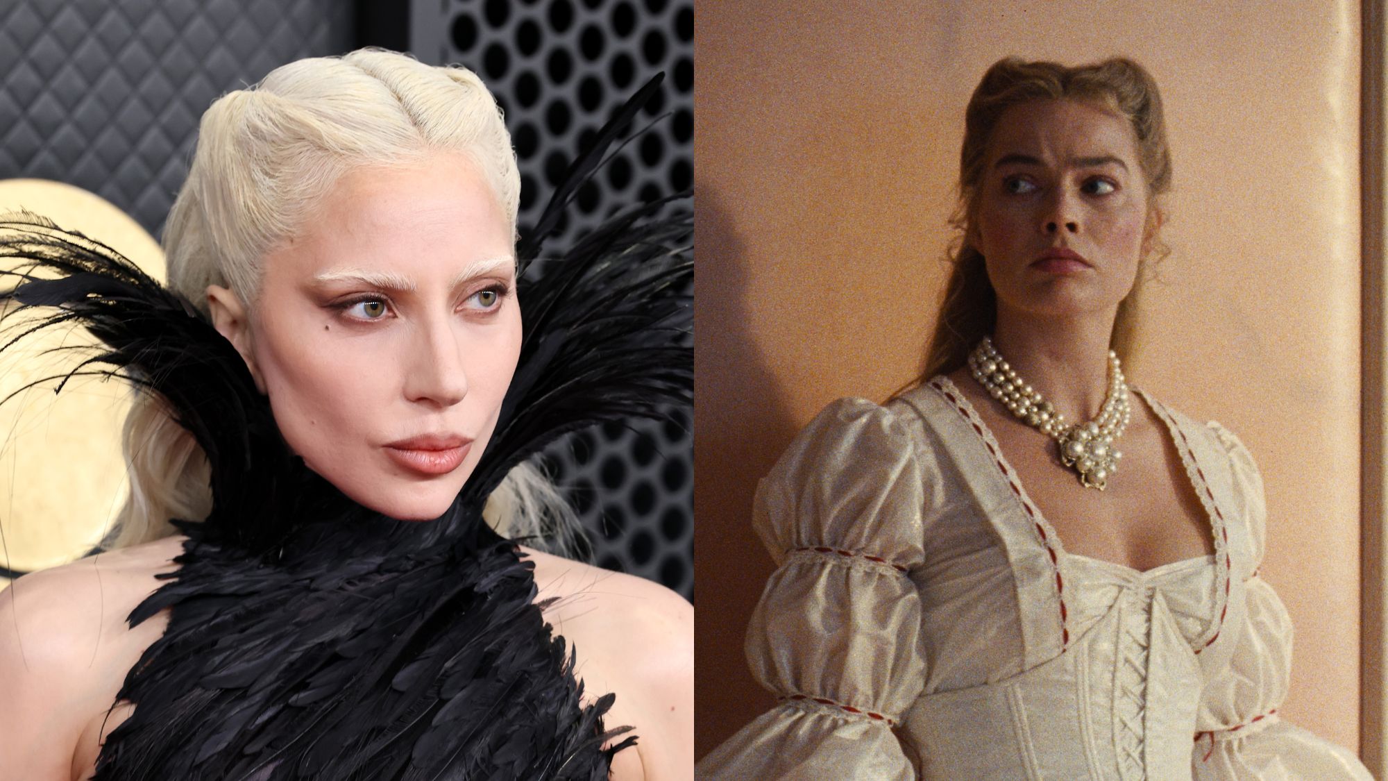 Lady Gaga attends the 68th GRAMMY Awards at Crypto.com Arena on February 01, 2026 in Los Angeles, California; Still of Margot Robbie from the 2026 film Wuthering Heights.