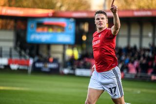 Matt Smith is celebrating after scoring his side's first goal of the game during the Sky Bet League 2 match between Salford City and Forest Green Rovers at The Peninsula Stadium, Moor Lane, in Salford, England, on January 6, 2024. (Photo by MI News/NurPhoto via Getty Images)