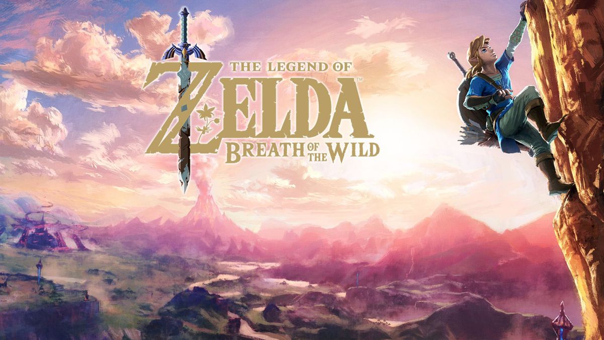 Key art from Breath of the Wild showing Link climbing the side of a mountain.