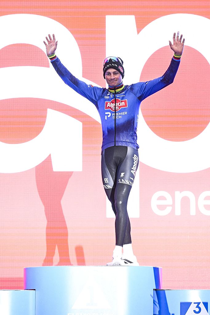 Dutch Mathieu van der Poel of Alpecin-Premier Tech celebrates on the podium after winning the 'E3 Saxo Bank Classic' one day cycling race, 208,8km from and to Harelbeke, on Friday 27 March 2026. BELGA PHOTO JASPER JACOBS (Photo by JASPER JACOBS / BELGA MAG / Belga via AFP)