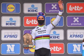 OVERIJSE BELGIUM OCTOBER 07 Podium Julian Alaphilippe of France and Team Deceuninck QuickStep Celebration during the 60th Brabantse Pijl 2020 Men Elite a 197km race from Leuven to OverijseSchavei 106m La Flche Brabanonne BP20 on October 07 2020 in Overijse Belgium Photo by Luc ClaessenGetty Images