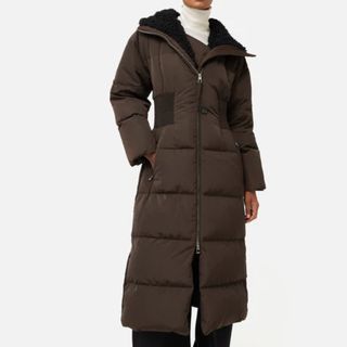 Jigsaw chocolate brown puffer jacket, long with waist cinching elastic