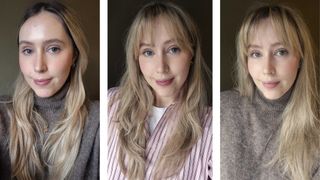 On the left, a picture of Digital Beauty Writer, Naomi Jamieson with long hair and a middle parting and in the middle and on the right, pictures of Naomi with a wispy fringe