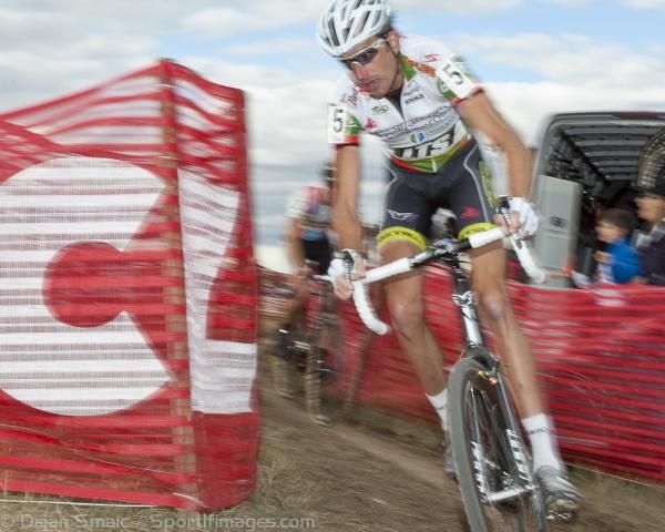 Trebon, with Jeremy Powers (Rapha/Focus) on his wheel, blazing through a series of turns before the flyover