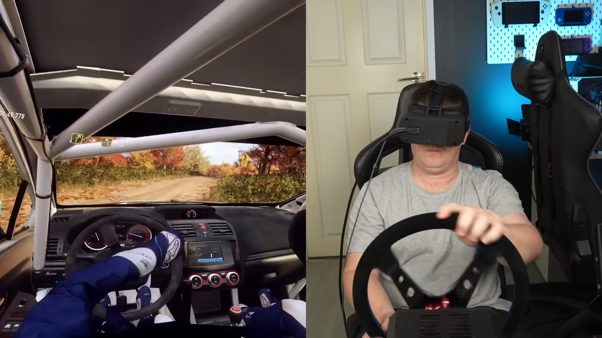 YouTube creator CNCDan showcasing his homemade VR headset while playing a racing sim.