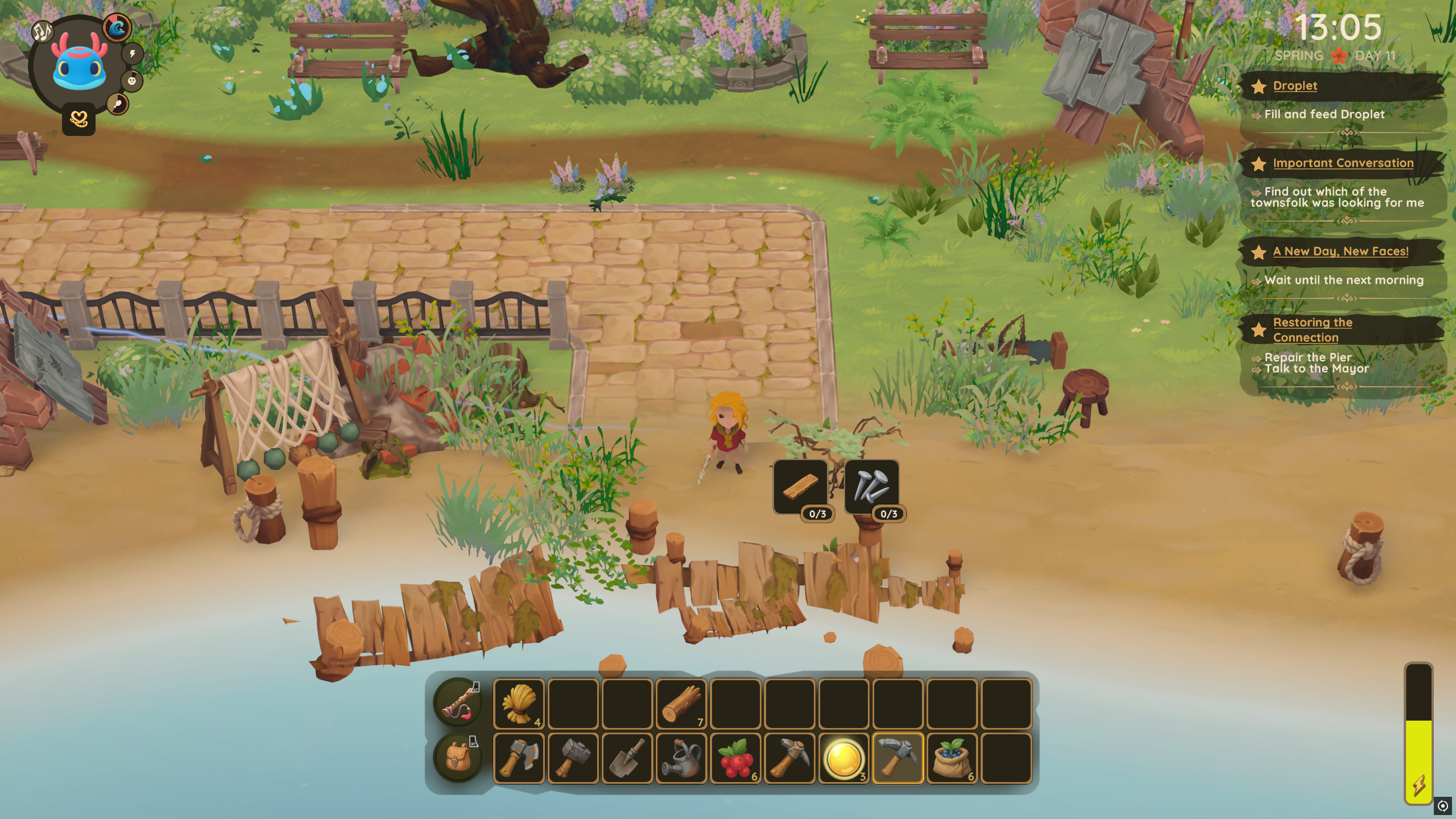 Dragon Shelter - A player characte rlooks at a broken pier that needs nails and board to repair.