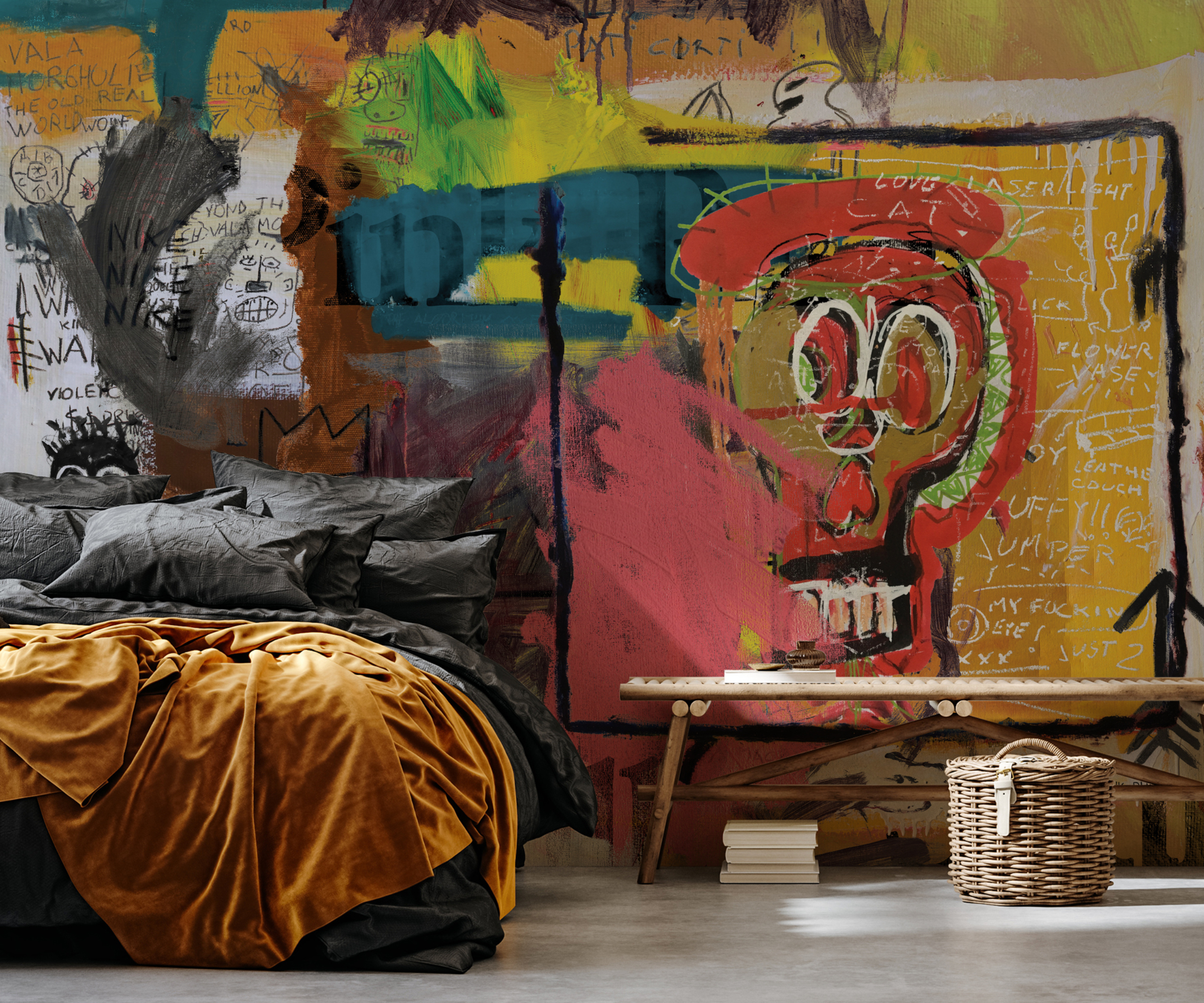 grafitti style wallpaper in bedroom with dark colours