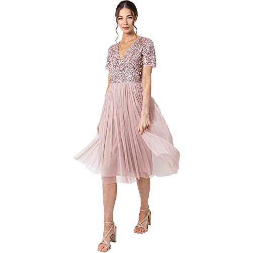 Maya Deluxe Women's Embellished Midi Evening Dress Ladies V Neckline With Short Sleeve for Prom Wedding Bridesmaid, Frosted Pink, 10