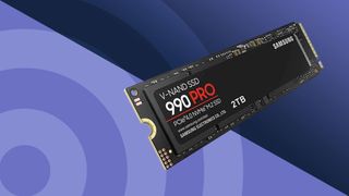The best SSD, the Samsung 990 Pro, against a two-tone techradar background