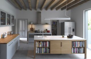 grey modern kitchen with wooden island, grey cabinets,