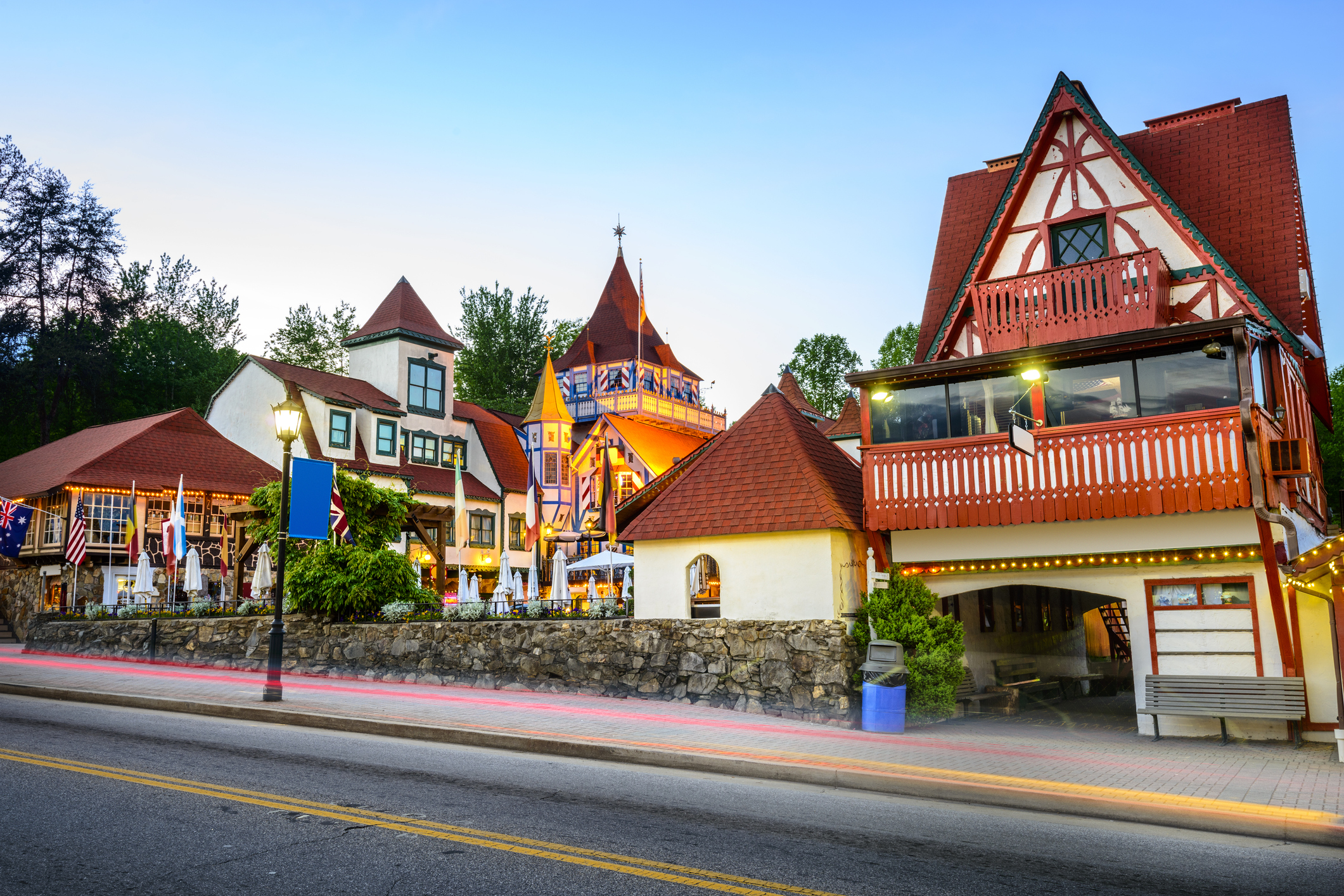A cluster of red-roofed Bavarian buildings in Helen, Georgia.
