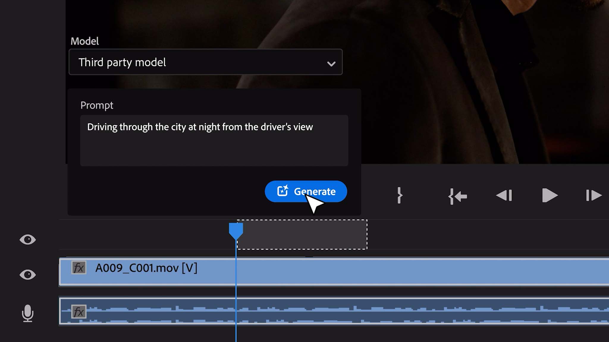 Herramienta de IA de texto a vídeo de Adobe Premiere Pro.