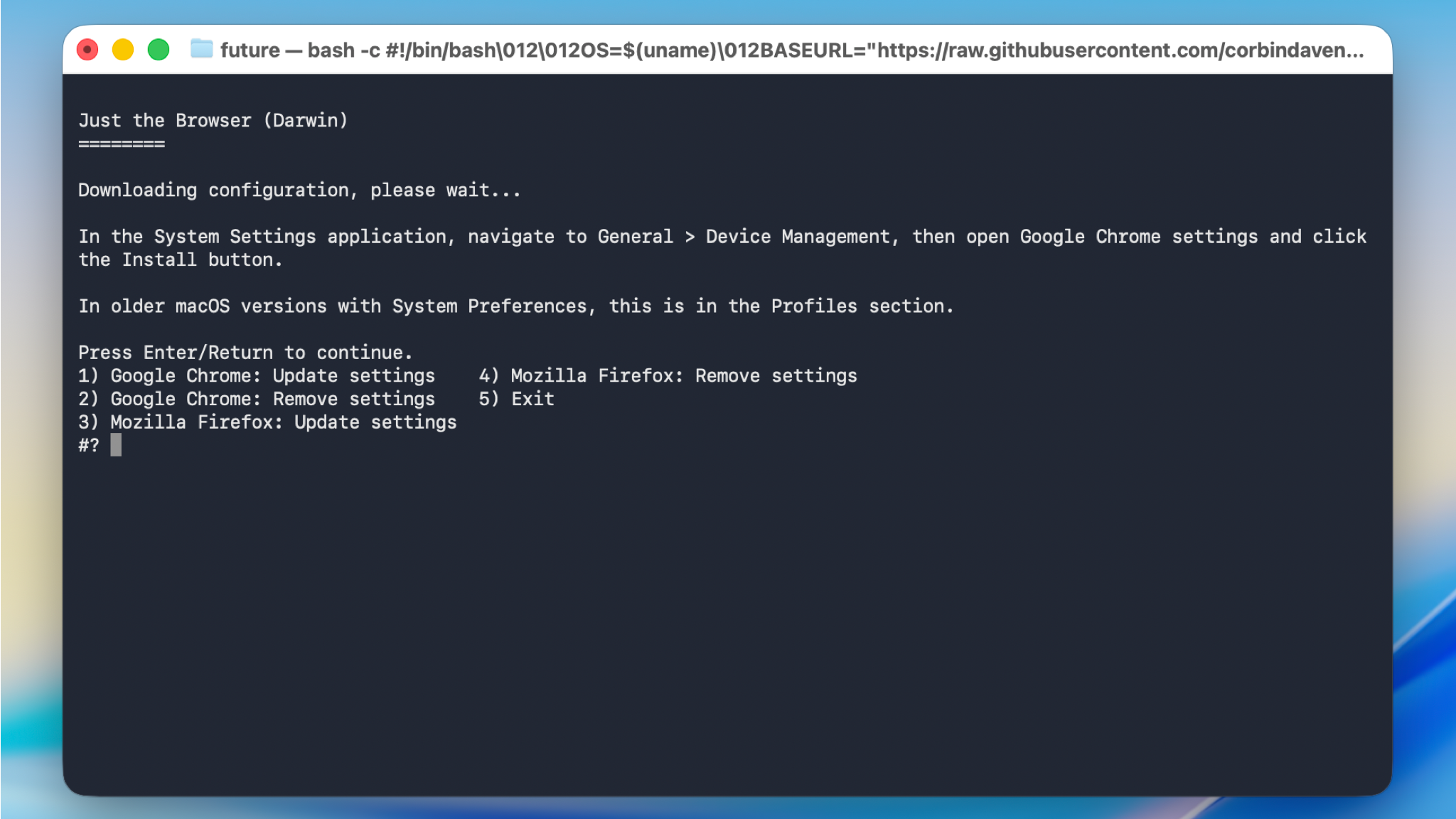Screenshot of installing the Just The Browser script on a Mac