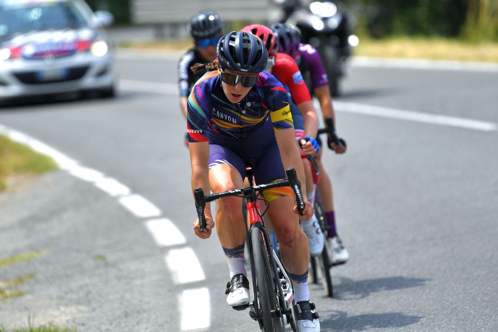 PRATO NEVOSO ITALY JULY 03 Elise Chabbey of Switzerland and Canyon SRAM Racing Team leads the Breakaway during the 32nd Giro dItalia Internazionale Femminile 2021 Stage 2 a 1001km stage from Boves to Prato Nevoso Colle del Prel 1607m GiroDonne UCIWWT on July 03 2021 in Prato Nevoso Italy Photo by Luc ClaessenGetty Images