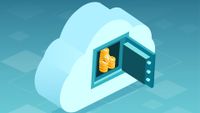 Cloud spending concept image showing cartoon cloud symbol with an opened safe door showing money inside.