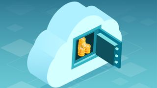 Cloud spending concept image showing cartoon cloud symbol with an opened safe door showing money inside.