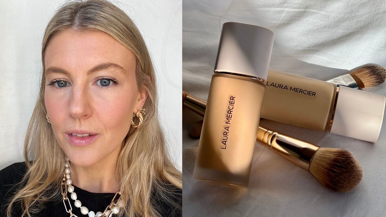 image of Katie wearing the Laura Mercier Real Flawless Weightless Perfecting Foundation and a stack of two bottles of the foundation next to two foundation brushes