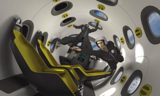 Artist's concept of passengers floating through the cabin of EADS' space jet.