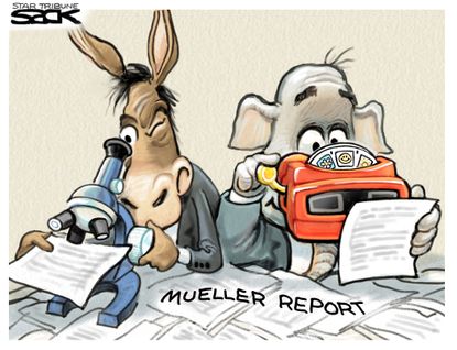 Political Cartoon U.S. Mueller Report Congress Trump Microscope Viewfinder