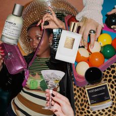 Collage of perfumes, disco balls, pool balls, and women holding martini glasses