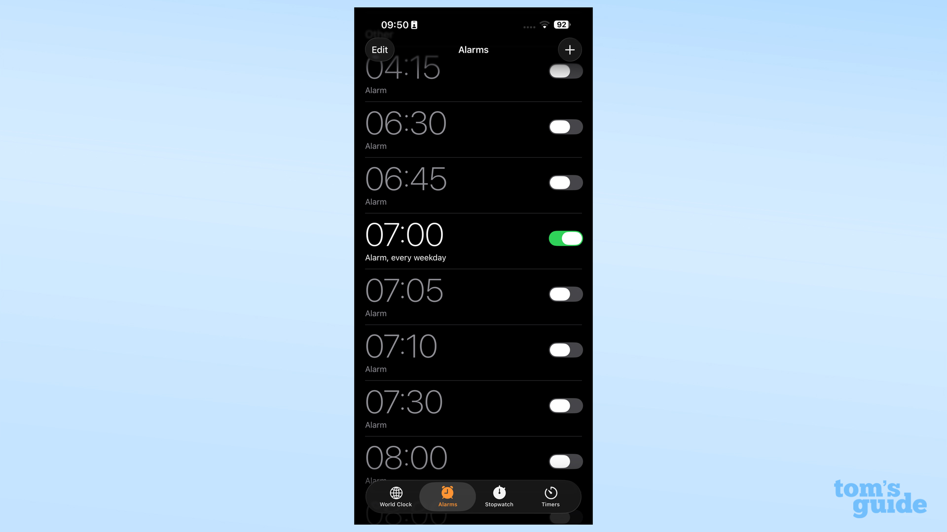 iOS 26 Clock app alarm list