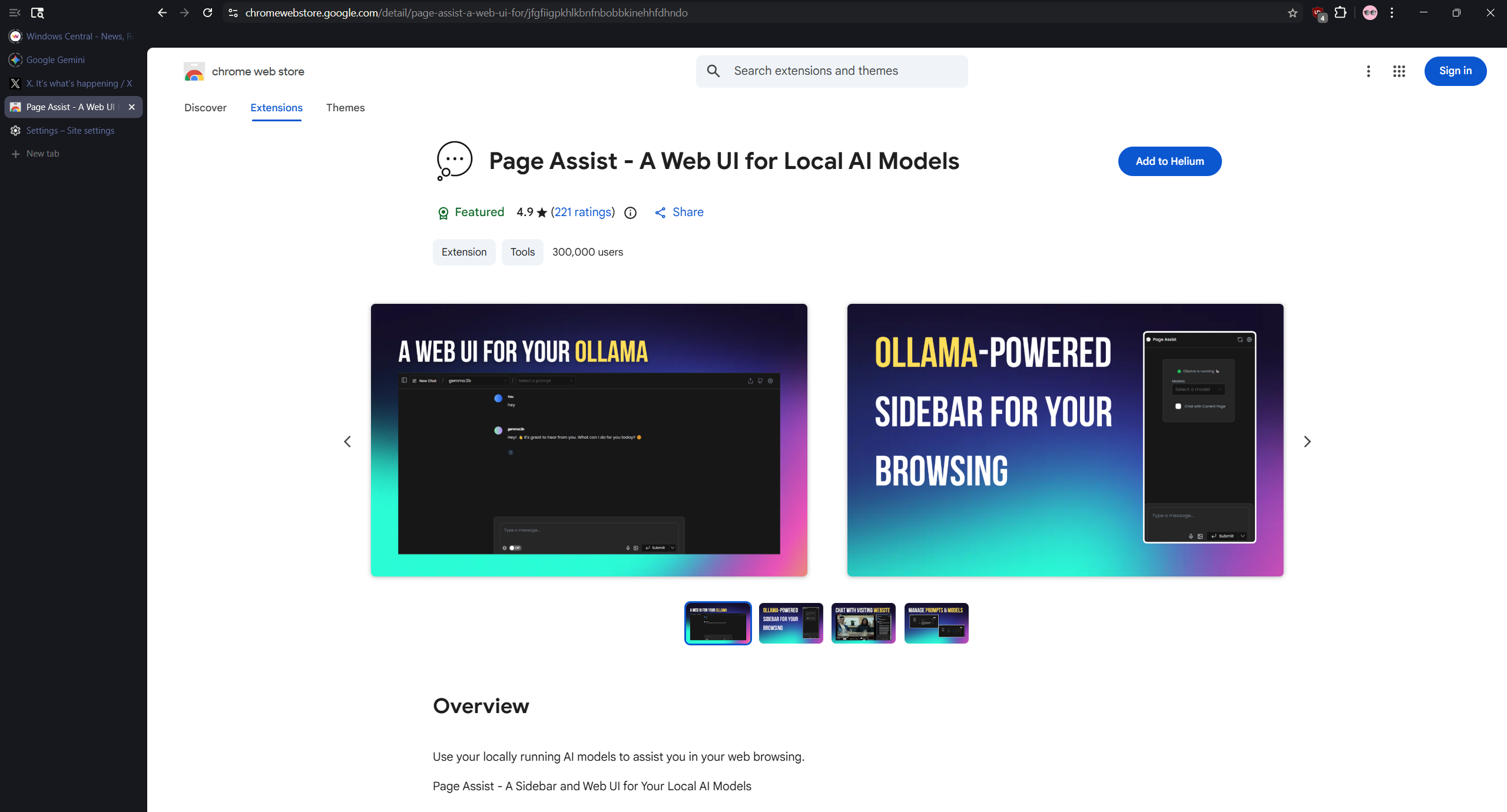 Installing extensions from the Chrome Web Store in the Helium browser.