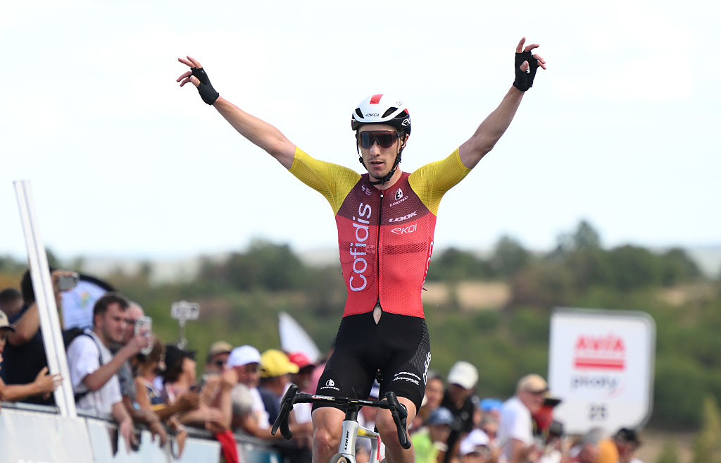 GREZES, FRANCE - AUGUST 20: Sylvain Moniquet of Belgium and Team Cofidis celebrates at finish line as stage winner during the 58th Tour du Limousin - Nouvelle Aquitaine 2025, Stage 2 a 174.3km stage from Thiviers to Grezes - Les Coteaux Perigourdins 344m on August 20, 2025 in Thiviers, France. (Photo by Alex Broadway/Getty Images)