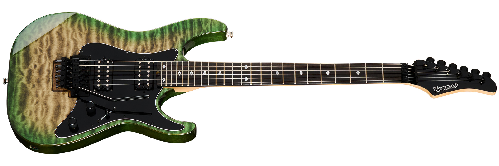 The Kramer Volante is offered with the choice of a AAAA quilted maple veneer or plain top, but features a newly engineered neck joint, Gibson USA-designed pickups, an elliptical C profile neck and Floyd Rose vibrato as standard.