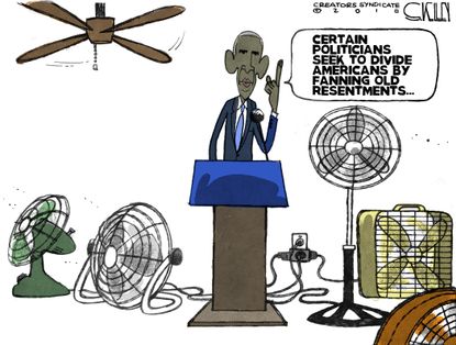 Political cartoon U.S. Trump Barack Obama speech