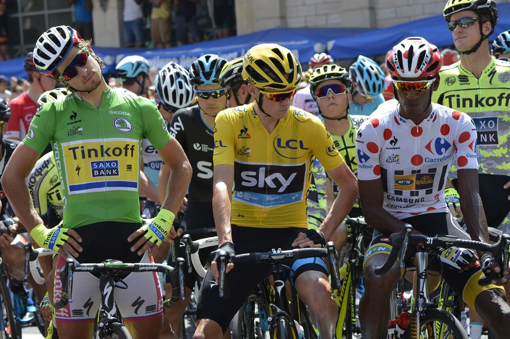 The Tour de France jerseys on the start line of stage 10