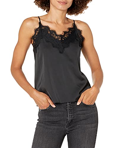 The Drop Women's Natalie V-Neck Lace Trimmed Camisole Tank Top Shirt, -Black, L