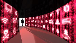 Graphic of a hacker walking through a digital corridor