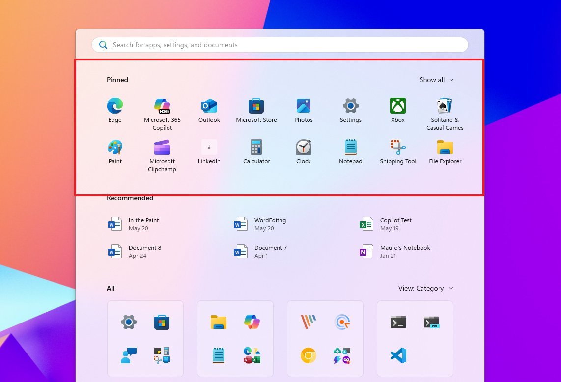 Start menu pinned section