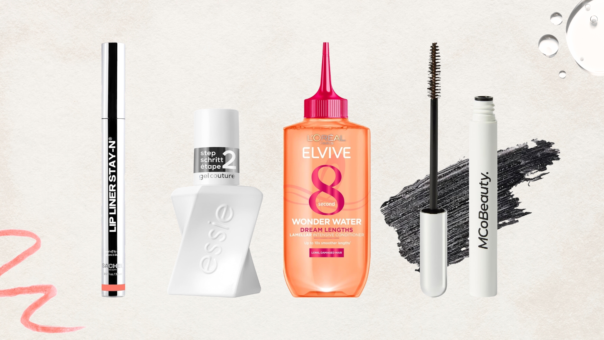 Lineup of under &pound;10 beauty buys in Amazon Prime Day (L-R) from Sacheu, essie, L'Oreal and MCo Beauty, on a beige background with lip liner, serum and mascara swatches