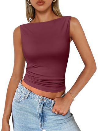 Trendy Queen Womens Going Out Casual Tank Tops Spring Summer Cute Basic Y2k Fitted Boat Neck Crop Tops Sleeveless Tee Shirt 2024 Fashion Outfits Clothes Wine Red