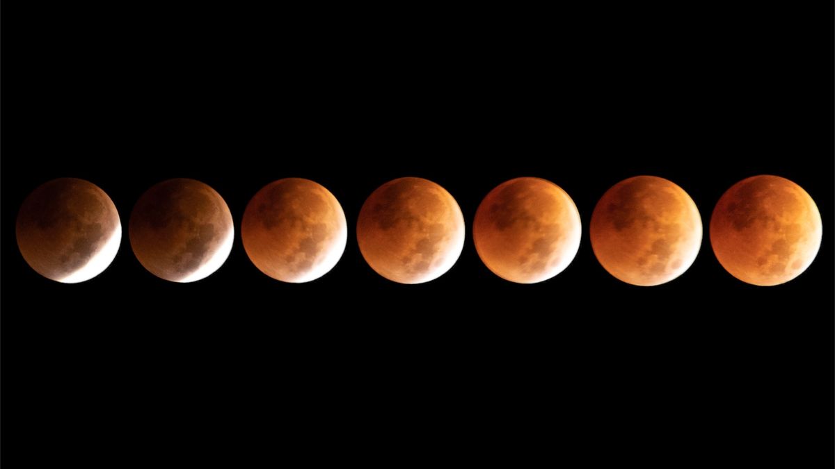 A sequence of images of a total lunar eclipse in which the Moon becomes progressively redder as it advances into the blood moon phase.