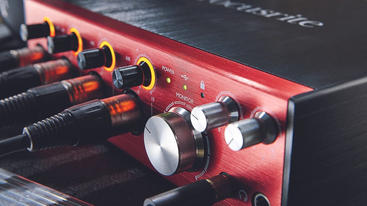 Close up of a Focusrite Clarett+ 4Pre audio interface