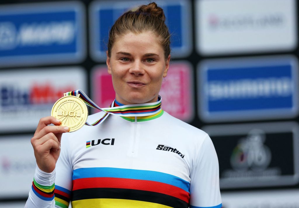 Belgium&rsquo;s Lotte Kopecky celebrates winning gold i