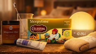 Warmly lit bedroom scene with a variety of products to help you sleep better, including a box of herbal tea, socks and a sunrise alarm clock