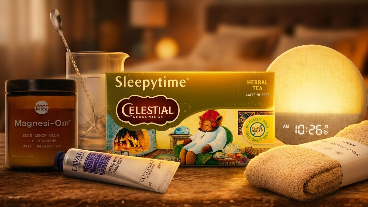 Warmly lit bedroom scene with a variety of products to help you sleep better, including a box of herbal tea, socks and a sunrise alarm clock 